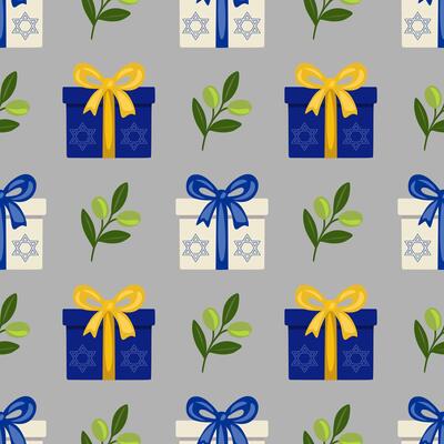 Seamless pattern featuring festive Hanukkah gift boxes with Star of David, adorned with blue and yellow ribbons, and olive branches on a gray background, ideal for holiday designs and textil...