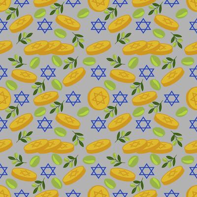 Seamless pattern featuring golden Hanukkah gelt coins, blue Star of David symbols, and olive branches on a gray background, creating a festive and traditional design.