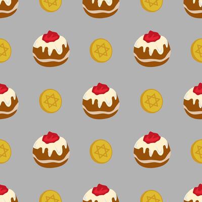 Seamless pattern featuring Sufganiyot and Star of David coins, a festive design perfect for Hanukkah celebrations, showcasing a playful yet elegant style with warm brown, gold, and red hues.
