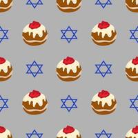 Seamless pattern featuring Sufganiyot and Star of David, perfect for Hanukkah celebrations, with a unique handdrawn style and muted color palette. vector
