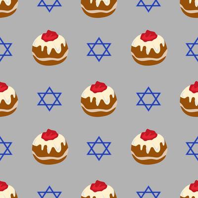 Seamless pattern featuring Sufganiyot and Star of David, perfect for Hanukkah celebrations, with a unique handdrawn style and muted color palette.