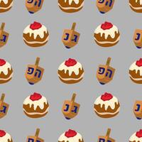 Seamless pattern featuring stylized illustrations of Hanukkah sufganiyot and dreidels, designed in a flat style with a muted grey background and warm brown and red tones, perfect for festive... vector