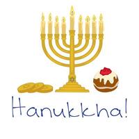 Festive Hanukkah illustration featuring a menorah, sufganiyot, and gelt, perfect for holiday cards or invitations. vector