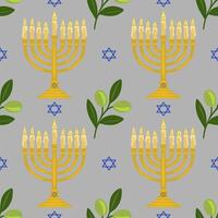 Seamless pattern featuring golden menorahs with lit candles, olive branches, and Star of David symbols on a gray background, perfect for Hanukkah celebrations. vector