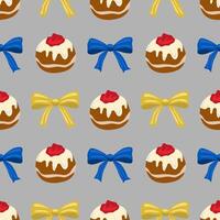 Seamless pattern featuring Sufganiyot with red jelly filling, topped with white icing, and blue and yellow bows on a grey background, perfect for Hanukkah celebrations. vector