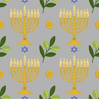 Seamless pattern featuring golden menorahs with lit candles, olive branches, and Star of David symbols, creating a festive Hanukkah design. vector