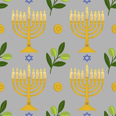 Seamless pattern featuring golden menorahs with lit candles, olive branches, and Star of David symbols, creating a festive Hanukkah design.