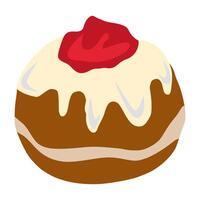 A illustration of a Sufganiyot, a traditional Hanukkah jelly donut, featuring a detailed depiction of its brown dough, creamy white icing, and vibrant red jelly filling. vector