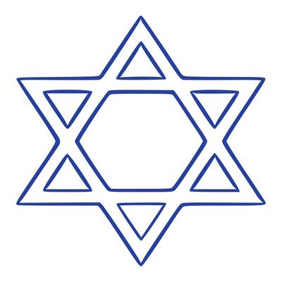 A illustration of a Star of David, a prominent symbol in Judaism, depicted in a bold, minimalist blue line art style against a white background.