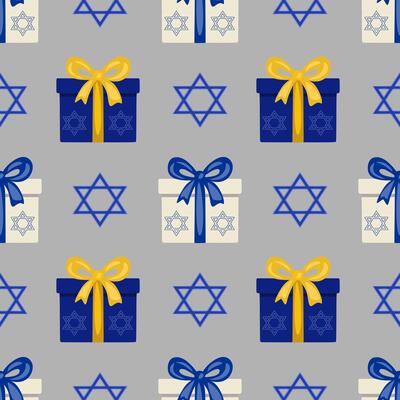 Seamless pattern featuring blue and beige gift boxes with Star of David symbols and yellow and blue bows, ideal for Hanukkah or Jewish holiday celebrations.