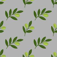 Seamless pattern of stylized olive branches with green olives and leaves on a grey background, perfect for textile design or wrapping paper. vector