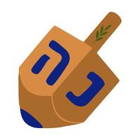 Isometric illustration of a dreidel, a traditional Hanukkah spinning top, with Hebrew letters and a sprig of olive branch on its handle, showcasing a unique design in brown and blue. vector