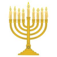 A illustration of a menorah, a traditional ninebranched candelabrum, with burning candles, featuring a detailed design and a Star of David on its base, perfect for Hanukkah celebrations. vector