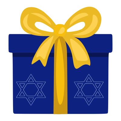 Festive Hanukkah illustration of a navy blue gift box adorned with a large yellow bow and subtle Star of David details, perfect for holiday greetings.