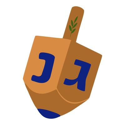 A illustration of a dreidel, a traditional spinning top used during Hanukkah, featuring a brown body, blue Hebrew letters, and a green sprig on the top.