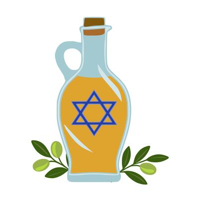 Festive illustration of a glass bottle of olive oil with a Star of David, adorned with olive branches, perfect for Hanukkah celebrations or Jewishthemed designs.
