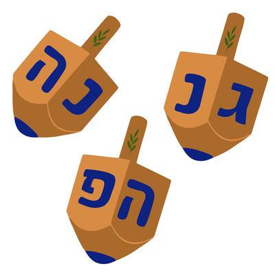 A playful illustration featuring three dreidels, traditional Hanukkah spinning tops, adorned with Hebrew letters and olive branch details, set against a clean white background.