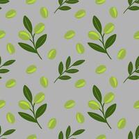 Seamless pattern of stylized olive branches and olives on a grey background, perfect for textile design or wrapping paper. vector