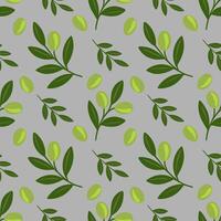 Seamless pattern of stylized green olives and leaves on a gray background, ideal for textile prints or packaging design. vector