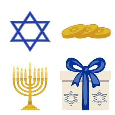 Festive Hanukkah Illustration Menorah, Star of David, Gift Box, and Gold Coins a vibrant depiction of traditional Hanukkah symbols