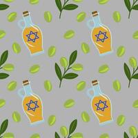 Seamless pattern of olive oil bottles with Star of David, olives, and olive branches, ideal for Hanukkah or Jewishthemed designs. vector