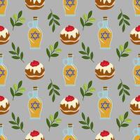 Seamless pattern featuring sufganiyot, olive branches, and bottles of oil with Star of David, ideal for Hanukkah celebrations and festive designs. vector