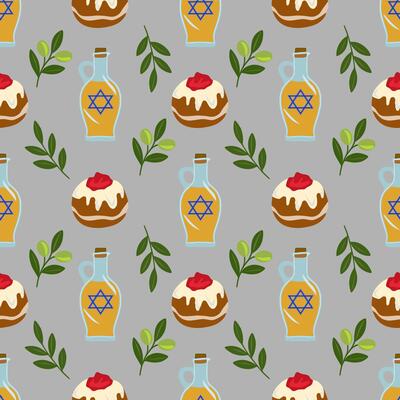 Seamless pattern featuring sufganiyot, olive branches, and bottles of oil with Star of David, ideal for Hanukkah celebrations and festive designs.