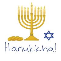 Festive Hanukkah illustration featuring a menorah, burning candles, gelt coins, and a Star of David, perfect for holiday greetings and designs. vector