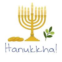 Festive Hanukkah illustration featuring a menorah with lit candles, traditional coins, and an olive branch, perfect for holiday cards or invitations. vector