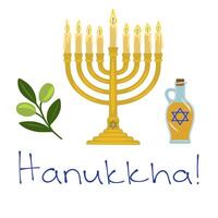 Festive Hanukkah illustration featuring a menorah with lit candles, an olive branch, and a bottle of oil, symbolizing the miracle of light and the holidays traditions. vector