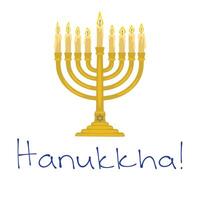 A illustration of a menorah with nine burning candles, a traditional symbol of Hanukkah, featuring a Star of David on the base, presented in a simple, flat style. vector