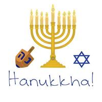 Festive Hanukkah illustration featuring a menorah with lit candles, a dreidel, and a Star of David, perfect for holiday cards and decorations. vector