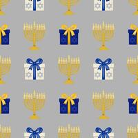 Seamless pattern featuring golden menorahs with lit candles and gift boxes adorned with Star of David, perfect for Hanukkah celebrations and festive designs. vector
