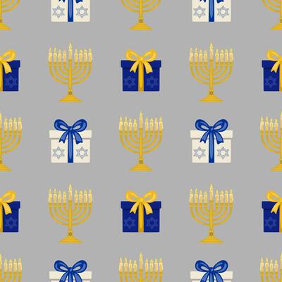 Seamless pattern featuring golden menorahs with lit candles and gift boxes adorned with Star of David, perfect for Hanukkah celebrations and festive designs.