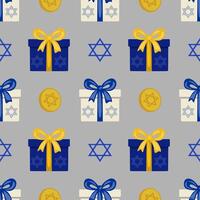 Seamless pattern featuring Hanukkah gifts, Star of David symbols, and gold coins, designed in a festive blue and gold color scheme on a grey background, perfect for holiday wrapping paper or... vector