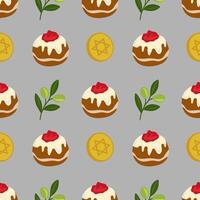 Seamless pattern featuring Sufganiyot, olive branches, and Star of David coins, a festive design for Hanukkah celebrations. vector