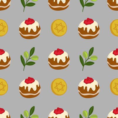 Seamless pattern featuring Sufganiyot, olive branches, and Star of David coins, a festive design for Hanukkah celebrations.