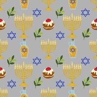 Seamless pattern featuring menorah, olive branches, sufganiyot, and Star of David, illustrating the festive symbols of Hanukkah. vector