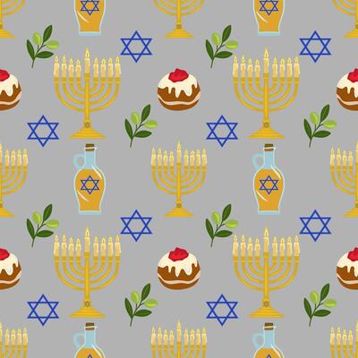 Seamless pattern featuring menorah, olive branches, sufganiyot, and Star of David, illustrating the festive symbols of Hanukkah.