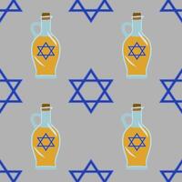 Seamless pattern featuring stylized oil decanters with Star of David symbols and geometric star shapes, perfect for Hanukkah or Jewish holiday designs. vector