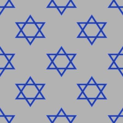 Seamless pattern of blue Star of David symbols on a gray background, ideal for Hanukkah or Jewishthemed designs.