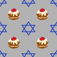 Seamless pattern featuring sufganiyot and Star of David, ideal for Hanukkah celebrations, with a unique blend of festive food and religious symbol. vector