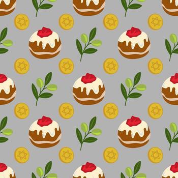 Seamless pattern featuring Sufganiyot, olive branches, and Star of David coins, creating a festive Hanukkah design with a minimalist style and muted color palette. vector