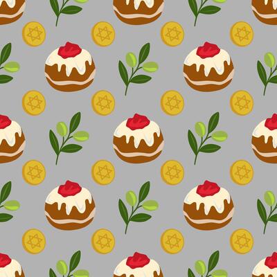 Seamless pattern featuring Sufganiyot, olive branches, and Star of David coins, creating a festive Hanukkah design with a minimalist style and muted color palette.