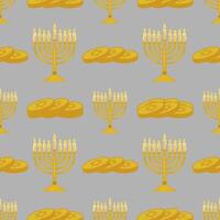 Seamless pattern of golden menorahs with lit candles and stacks of Hanukkah gelt coins on a gray background, ideal for festive holiday designs. vector