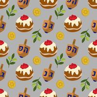 Seamless pattern featuring Hanukkah sufganiyot, dreidels, olive branches, and gold coins, creating a festive and joyful holiday design. vector