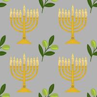 Seamless pattern of golden menorahs with burning candles and olive branches on a gray background, perfect for Hanukkah celebrations. vector