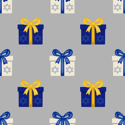 Seamless pattern of gift boxes with Star of David, perfect for Hanukkah or Jewish holiday design, featuring alternating blue and beige boxes with yellow and blue ribbons.