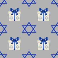 Seamless pattern featuring Hanukkah gift boxes with blue bows and Star of David symbols on a gray background, ideal for festive designs and holiday wrapping. vector