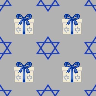 Seamless pattern featuring Hanukkah gift boxes with blue bows and Star of David symbols on a gray background, ideal for festive designs and holiday wrapping.